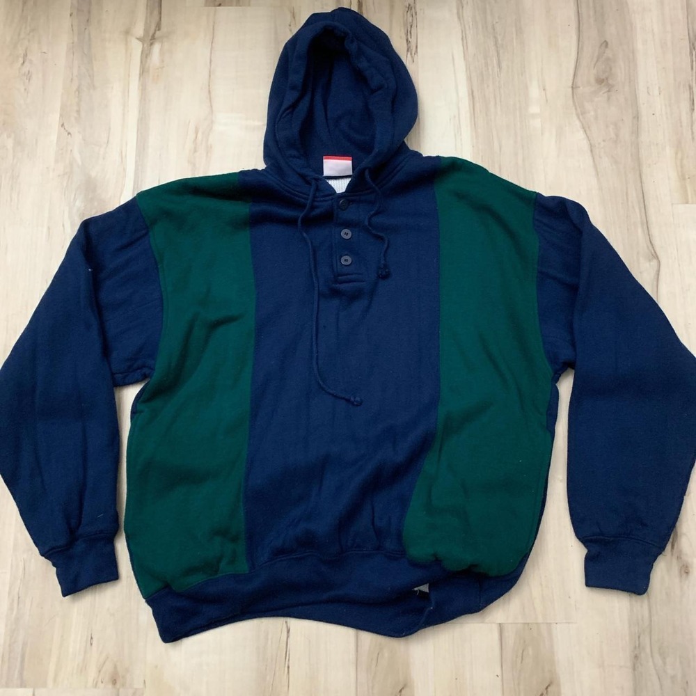 Athletic Works Mens Vintage 90s Colorblock Hoodie Thermal Lined Navy Green L